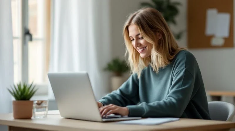 Frau informiert sich am Laptop über Weiterbildung in Hannover