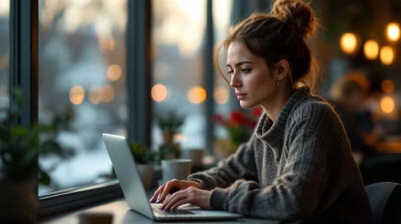 Hannoversche Angestellte mit Laptop im Coworking-Space in Linden, im Hintergrund Maschsee