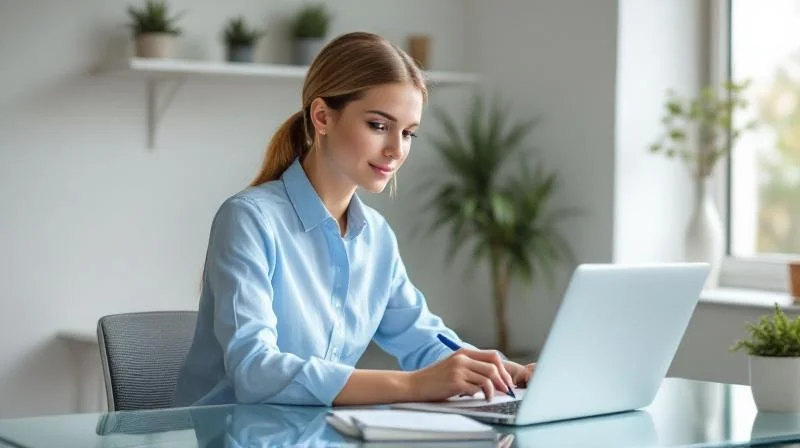 Frau am Laptop in einem hellen Hannoveraner Büro nimmt an Online-KI-Kurs teil