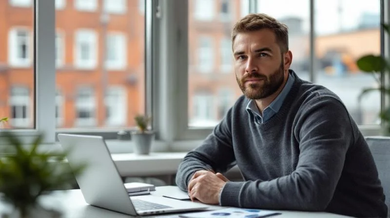 Quereinsteiger im Homeoffice mit Hannoveraner Skyline und Industriegebäuden im Hintergrund