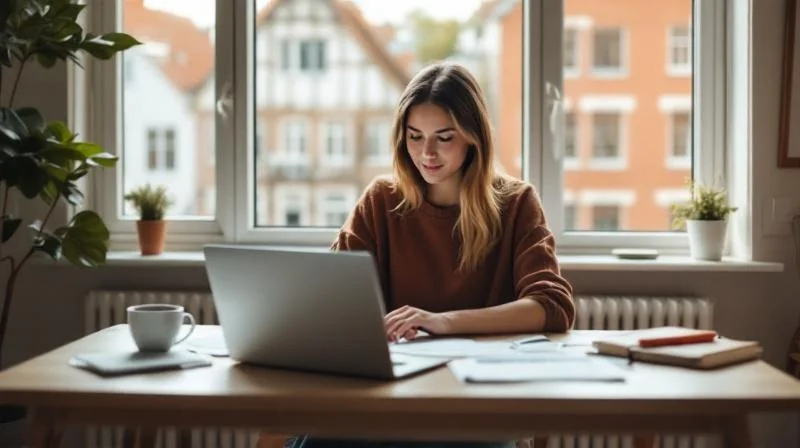 Hannoveraner Arbeitnehmer mit Steuerbelegen und Laptop am Wohnzimmertisch